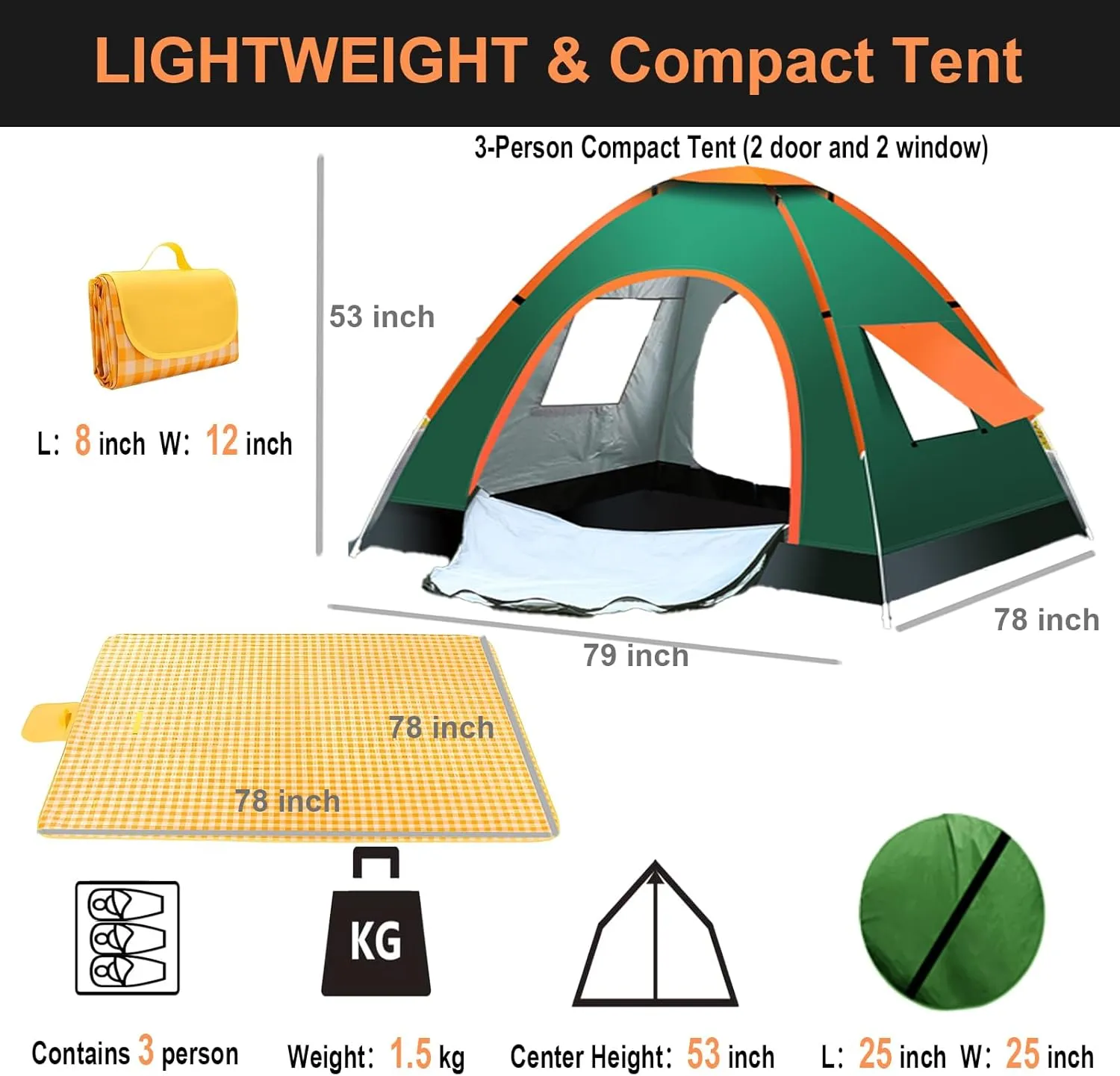 Pop Up Camping Tent, Instant Pop Up Tent with Picnic Mat, Portable Automatic Waterproof Easy Setup Quick-Open Tent, Outdoor Camping Beach Travel