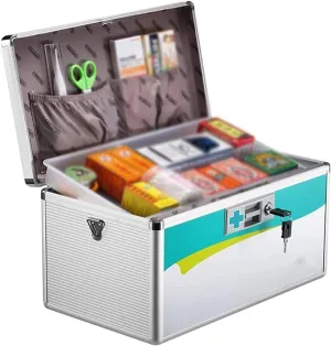 Portable First Aid Box, Aluminium Lockable Emergency Trauma Kit Medicine Cabinet Adjustable shoulder strap for Home, Office, Business, Car, Camping and Travel 1020 (Color : Silver, Size : XL) (Si