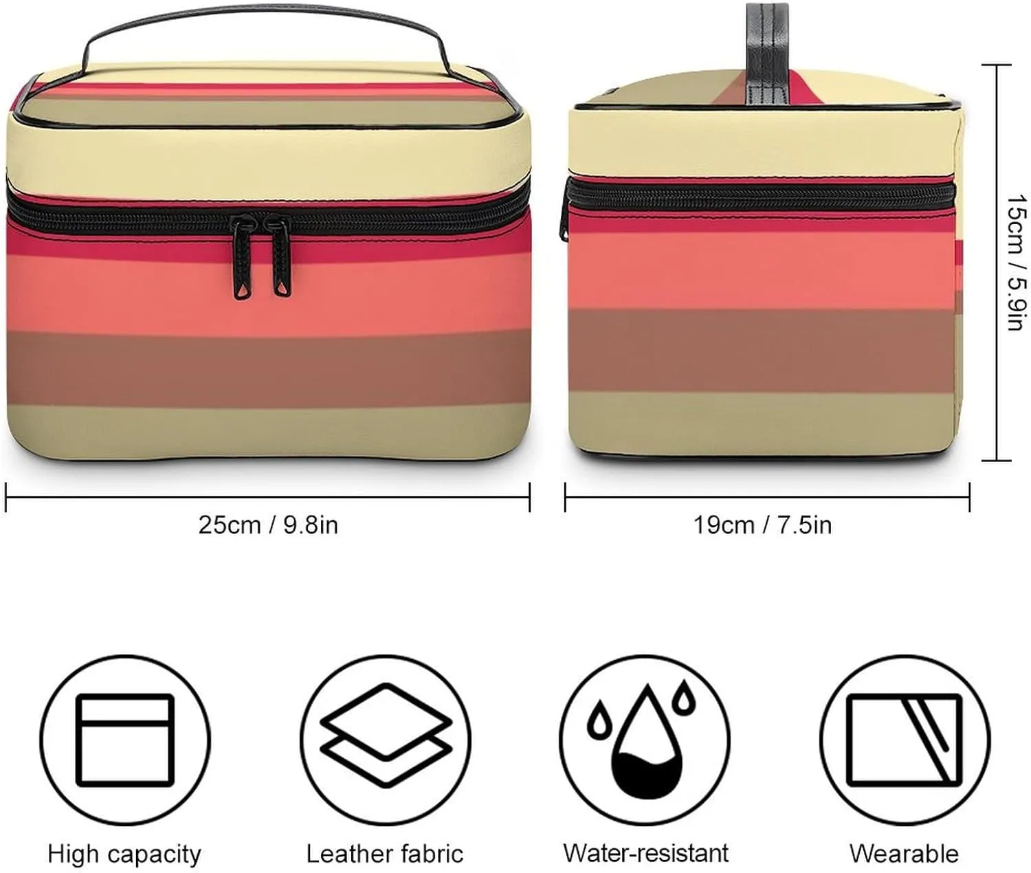 Portable Make Bag, Beige Brown Pink Red Grey Stripes Cosmetic Case Portable Cosmetic Portable Organizer for Men & Women