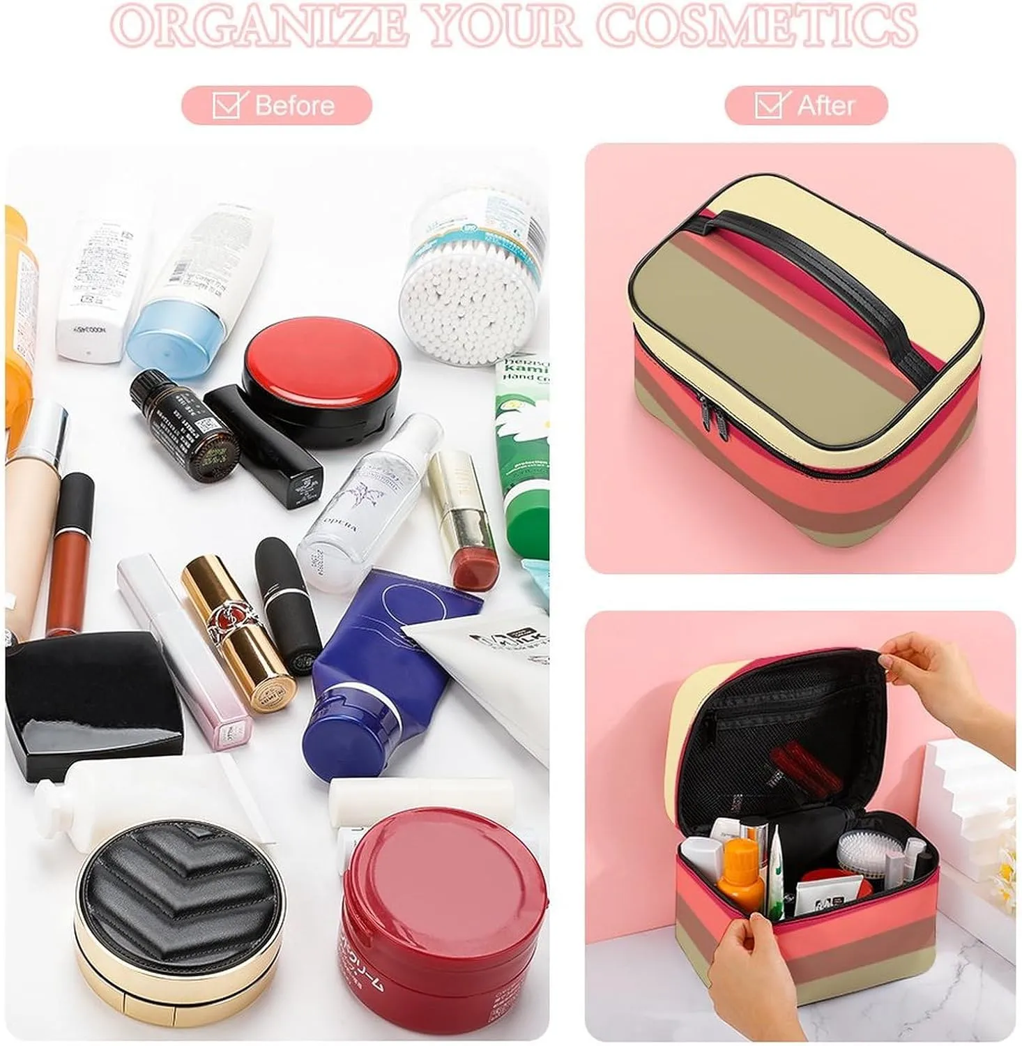Portable Make Bag, Beige Brown Pink Red Grey Stripes Cosmetic Case Portable Cosmetic Portable Organizer for Men & Women