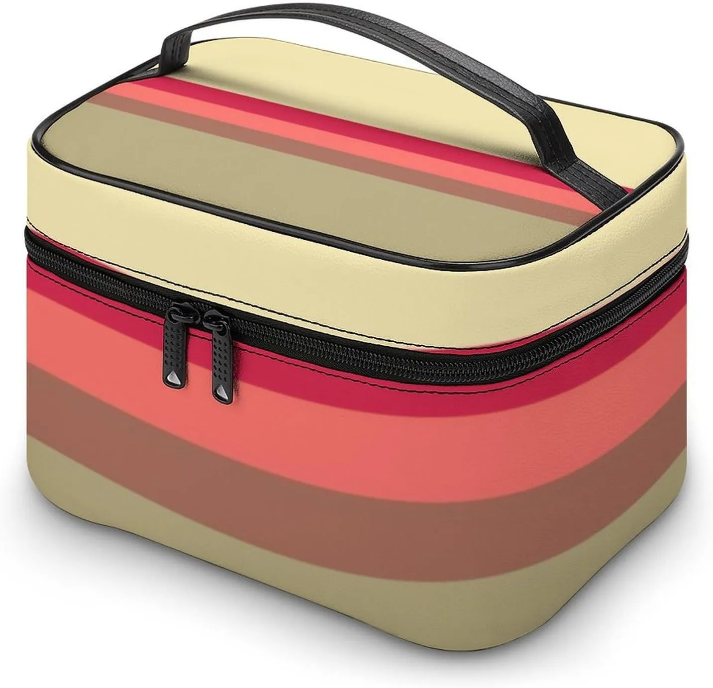 Portable Make Bag, Beige Brown Pink Red Grey Stripes Cosmetic Case Portable Cosmetic Portable Organizer for Men & Women