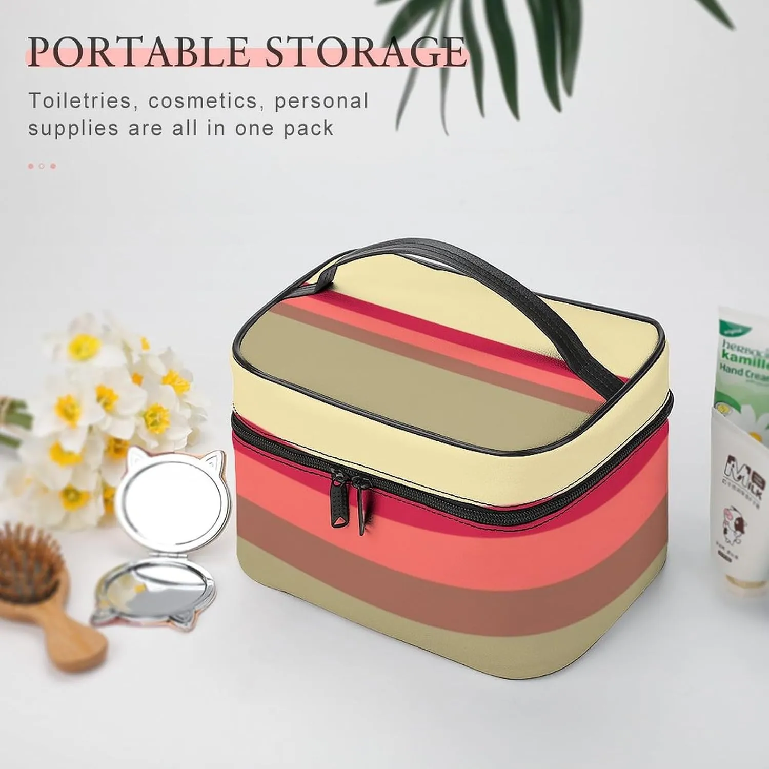 Portable Make Bag, Beige Brown Pink Red Grey Stripes Cosmetic Case Portable Cosmetic Portable Organizer for Men & Women