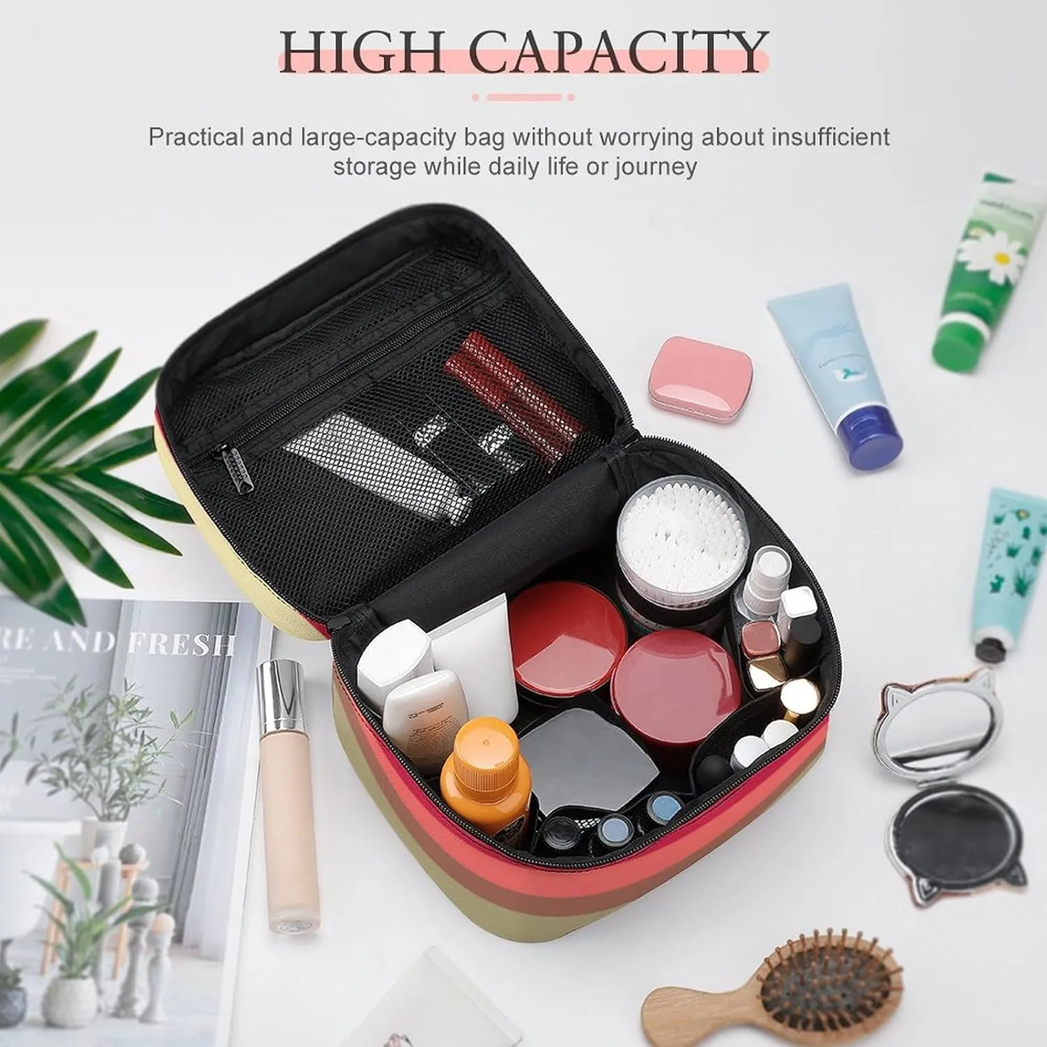 Portable Make Bag, Beige Brown Pink Red Grey Stripes Cosmetic Case Portable Cosmetic Portable Organizer for Men & Women