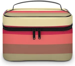 Portable Make Bag, Beige Brown Pink Red Grey Stripes Cosmetic Case Portable Cosmetic Portable Organizer for Men & Women