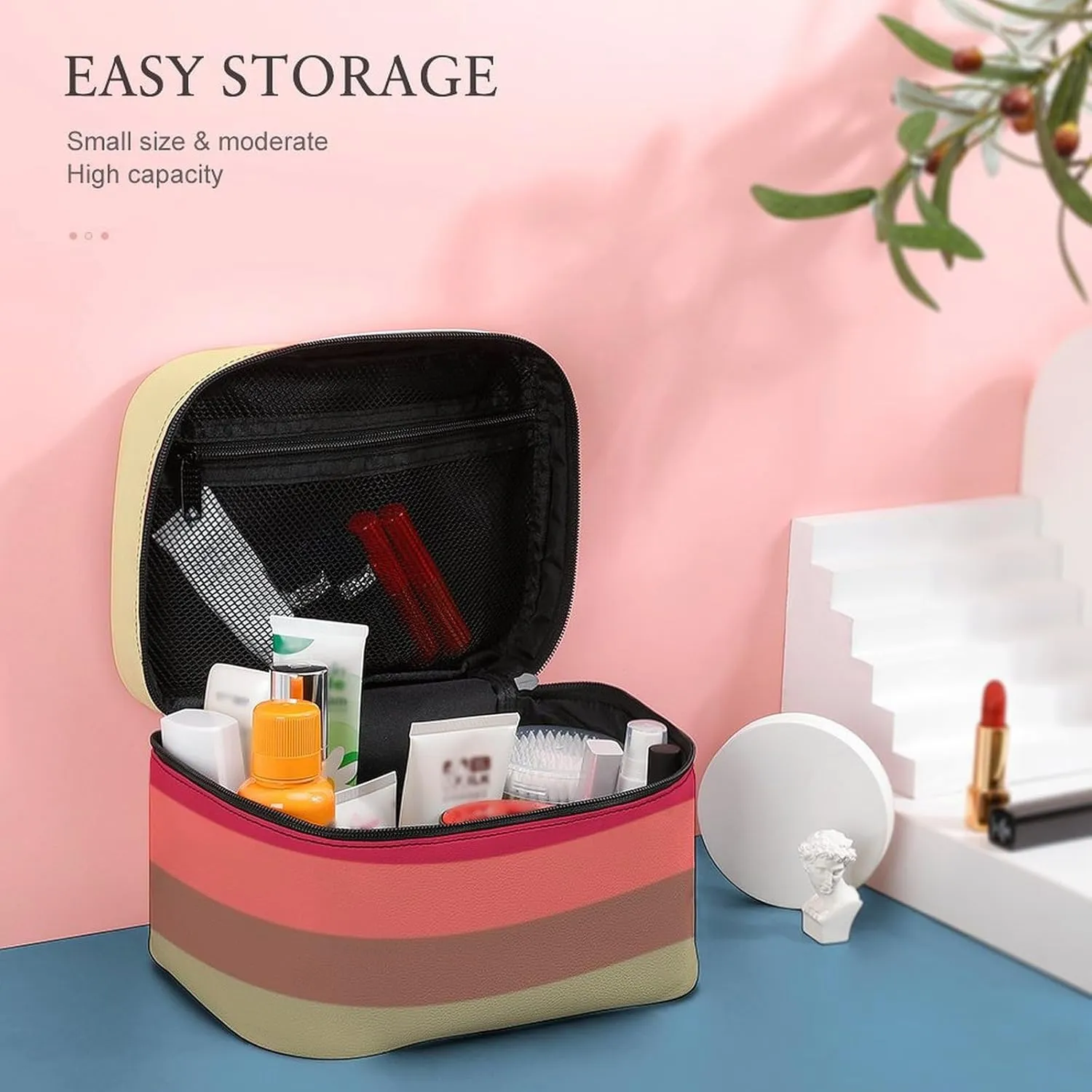 Portable Make Bag, Beige Brown Pink Red Grey Stripes Cosmetic Case Portable Cosmetic Portable Organizer for Men & Women
