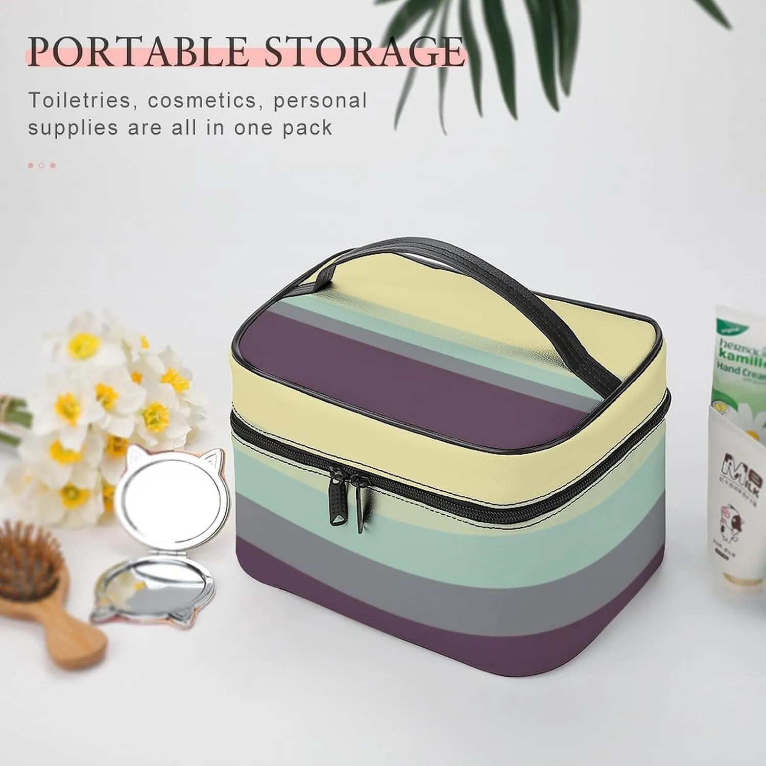 Portable Make Bag, Bright Beige Grey Blue Purple Stripes Cosmetic Case Portable Cosmetic Portable Organizer for Men & Women