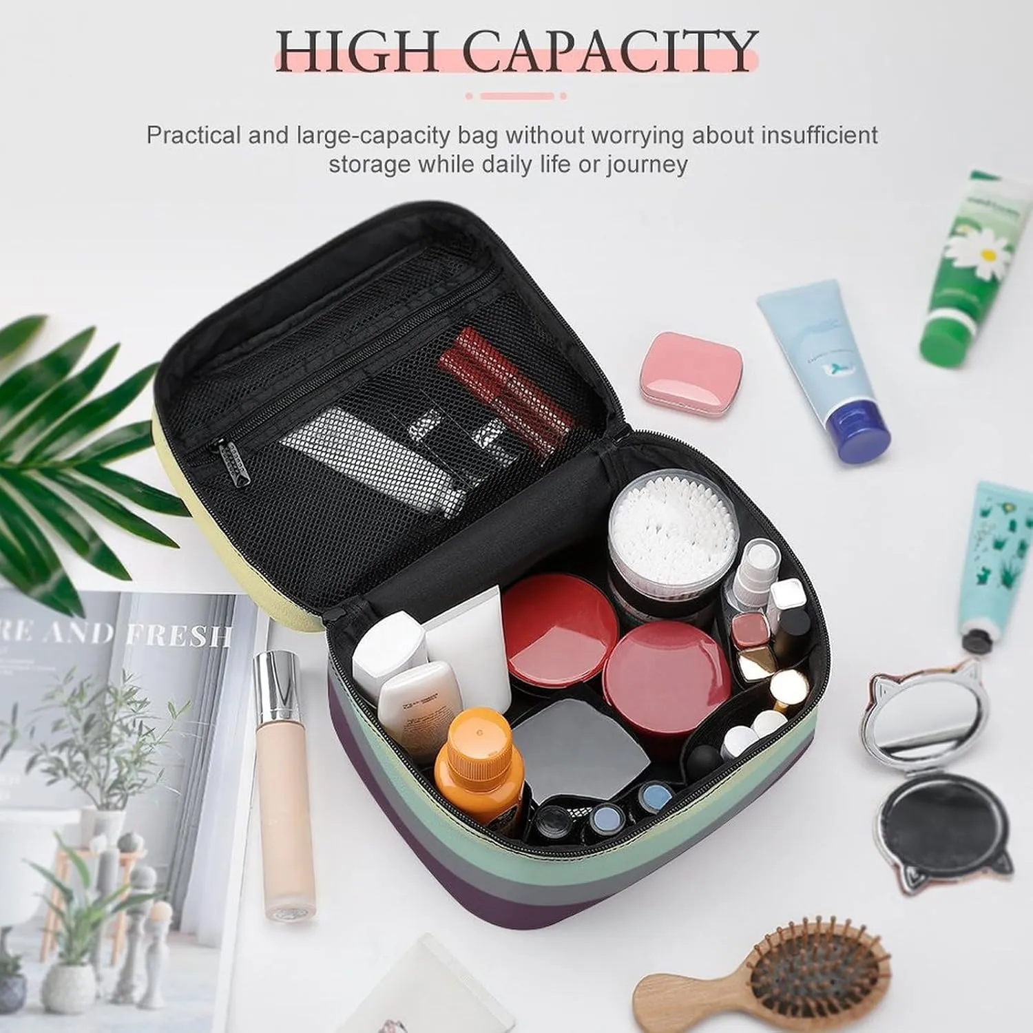 Portable Make Bag, Bright Beige Grey Blue Purple Stripes Cosmetic Case Portable Cosmetic Portable Organizer for Men & Women