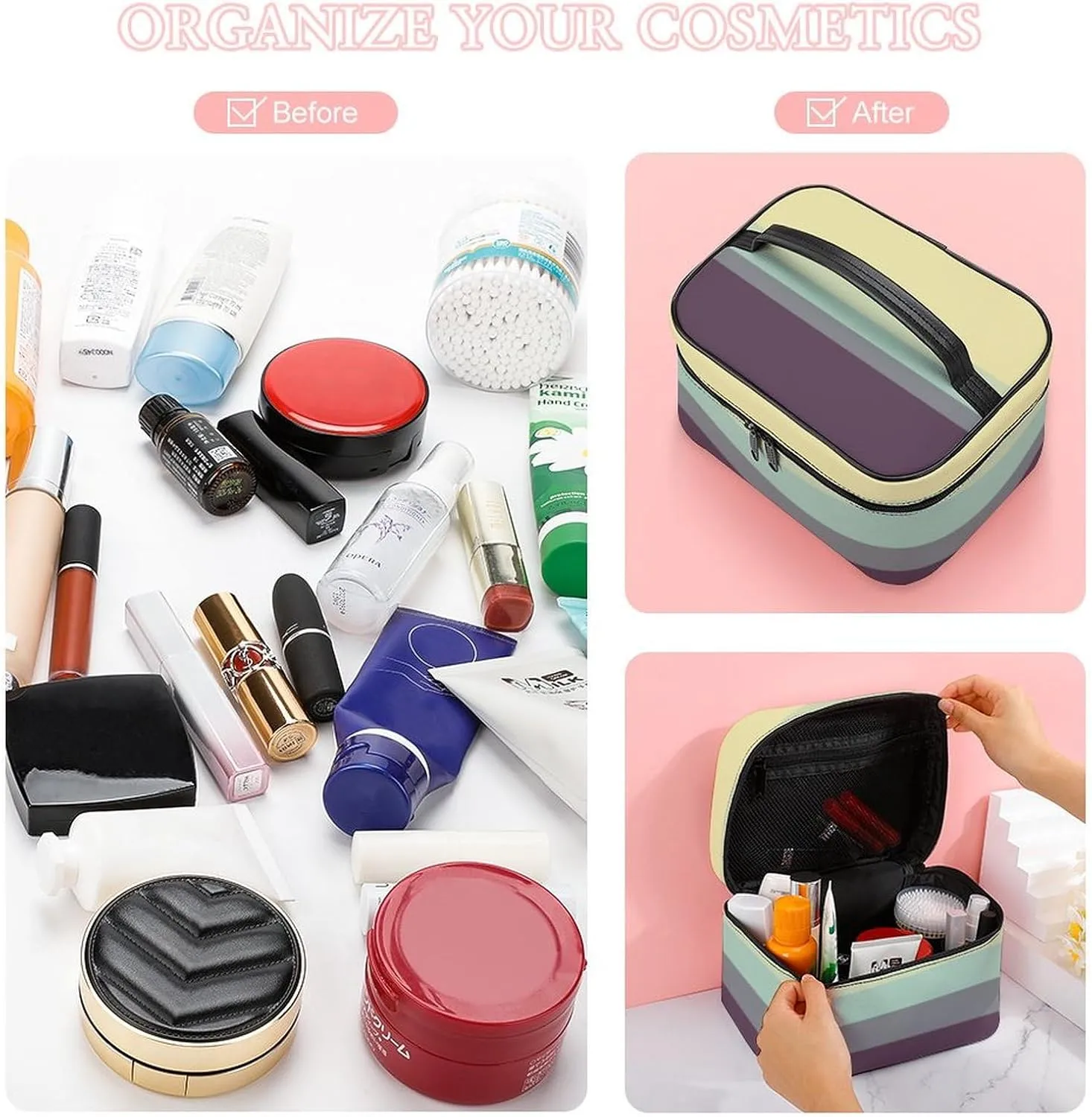 Portable Make Bag, Bright Beige Grey Blue Purple Stripes Cosmetic Case Portable Cosmetic Portable Organizer for Men & Women