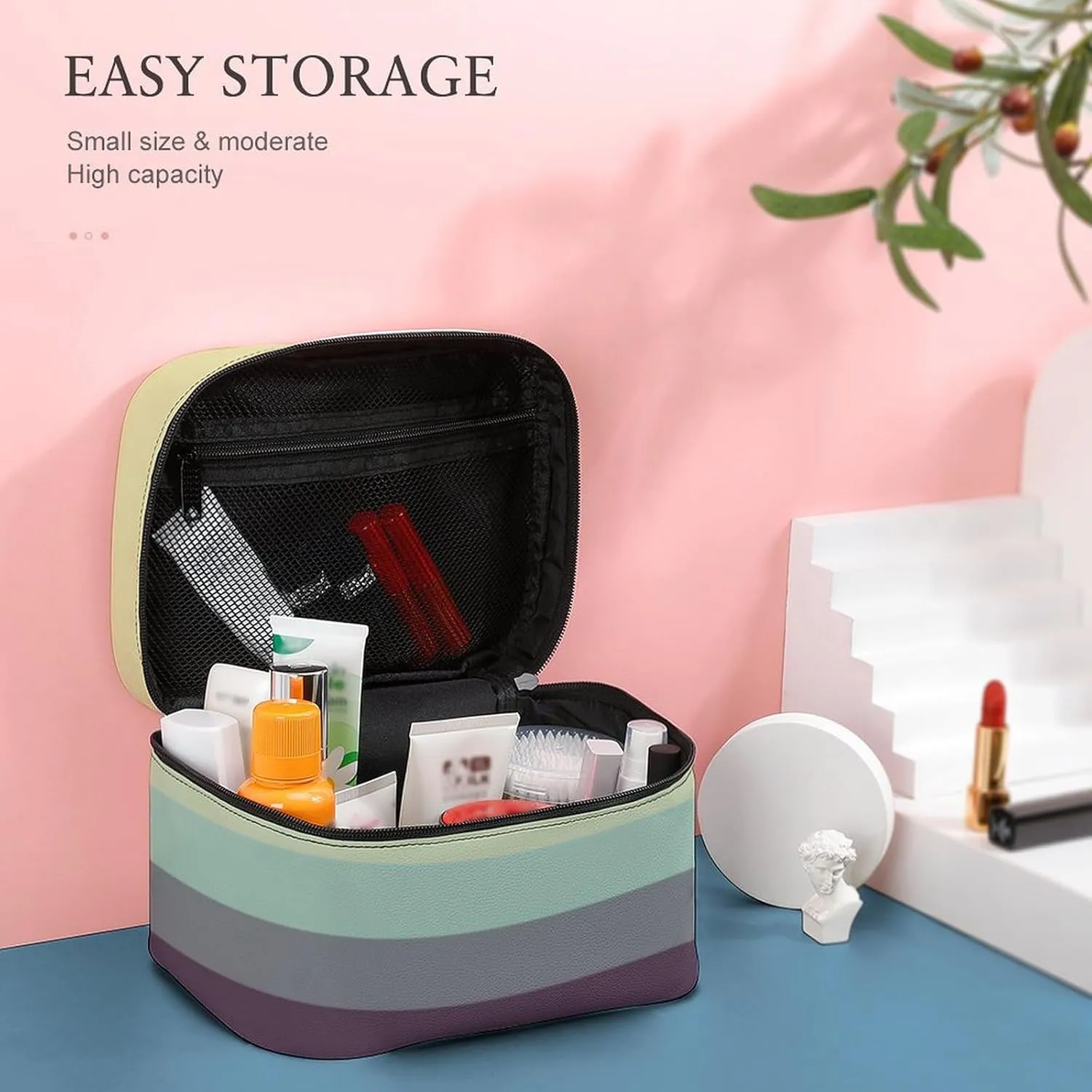 Portable Make Bag, Bright Beige Grey Blue Purple Stripes Cosmetic Case Portable Cosmetic Portable Organizer for Men & Women
