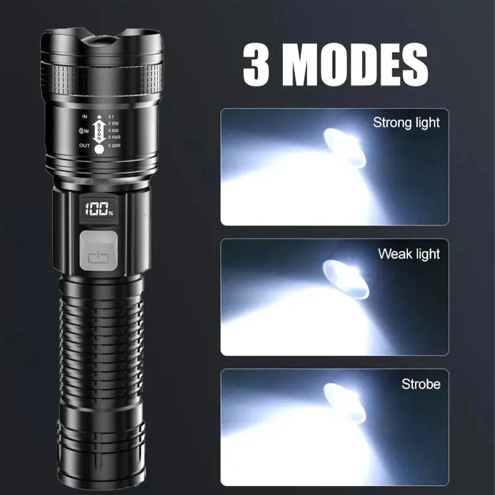 Portable Rechargeable High Power LED Tactical Flashlight with Telescopic Zoom for Outdoor Camping and Fishing