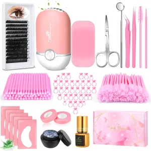 Professional Lash Extension Kit, Lash Cleaning Kit with Fan Dryer, D Curl Eyelash, Extension Glue, Remover, Tweezers, Eye Patches, Lash Tech Practice Lash Extension Supplies for Beginners