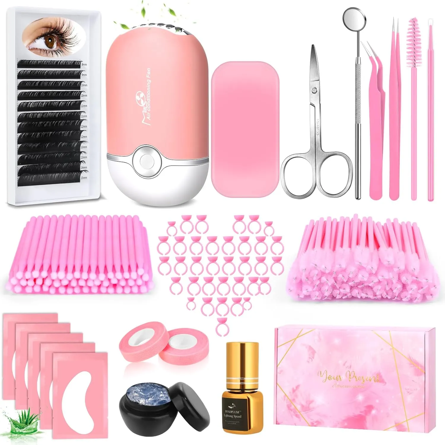 Professional Lash Extension Kit, Lash Cleaning Kit with Fan Dryer, D Curl Eyelash, Extension Glue, Remover, Tweezers, Eye Patches, Lash Tech Practice Lash Extension Supplies for Beginners