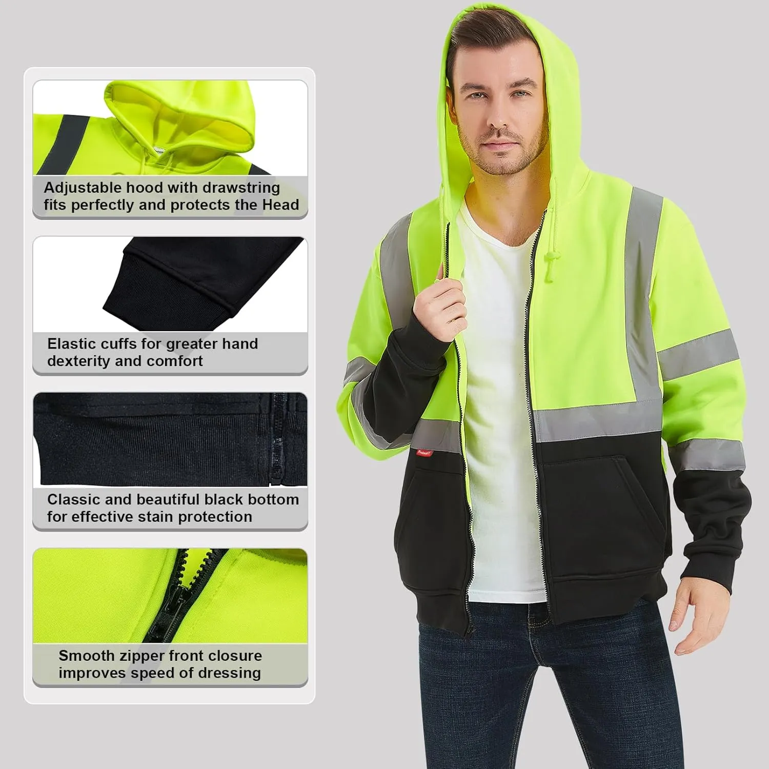 ProtectX Hi Vis Hoodie for Men Women High Visibility Safety Sweatshirt Reflective with Pockets for Construction Work Class 3