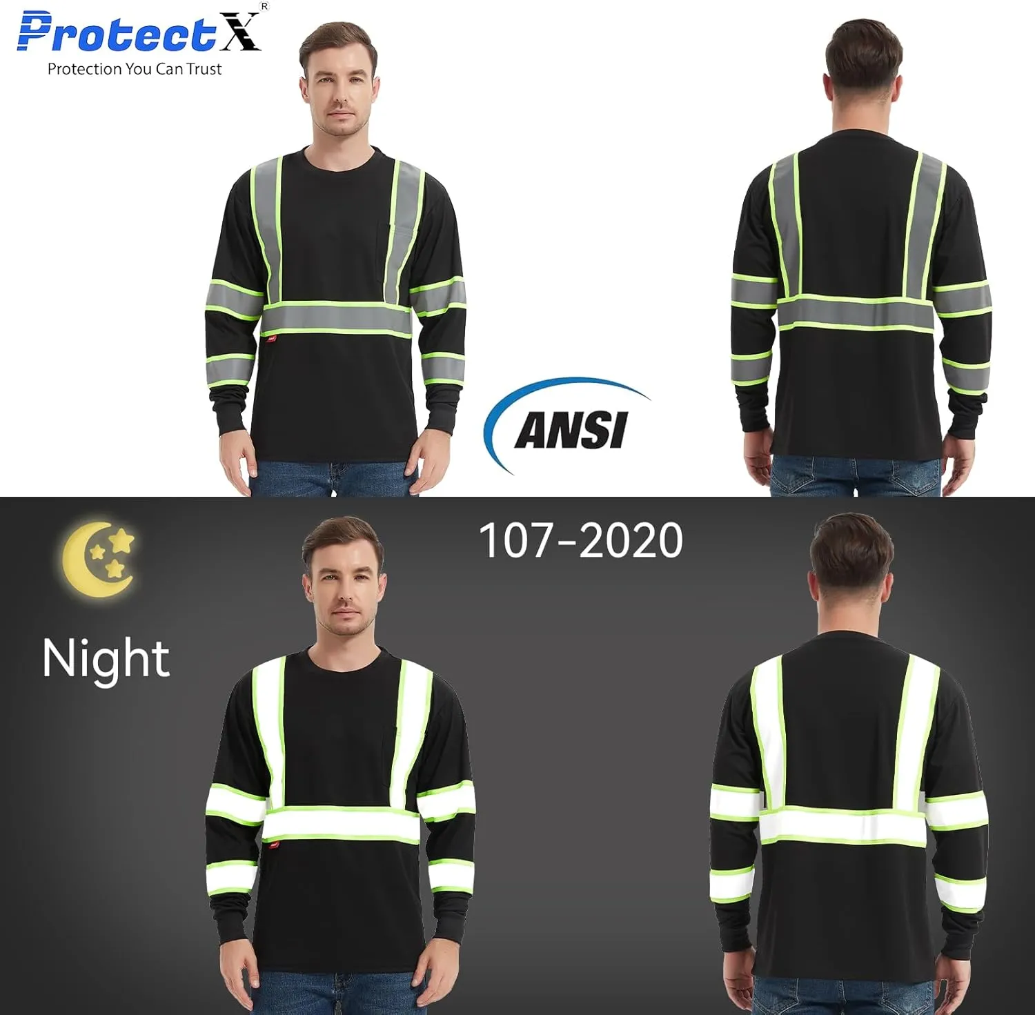ProtectX Men's High Visibility Heavy Duty Long Sleeve Reflective Safety T-Shirts for Construction, Class 2-3 Type R