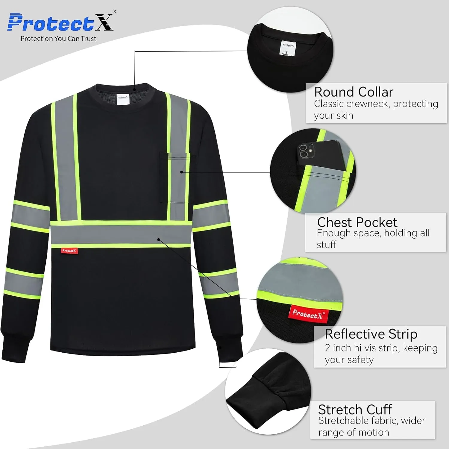 ProtectX Men's High Visibility Heavy Duty Long Sleeve Reflective Safety T-Shirts for Construction, Class 2-3 Type R