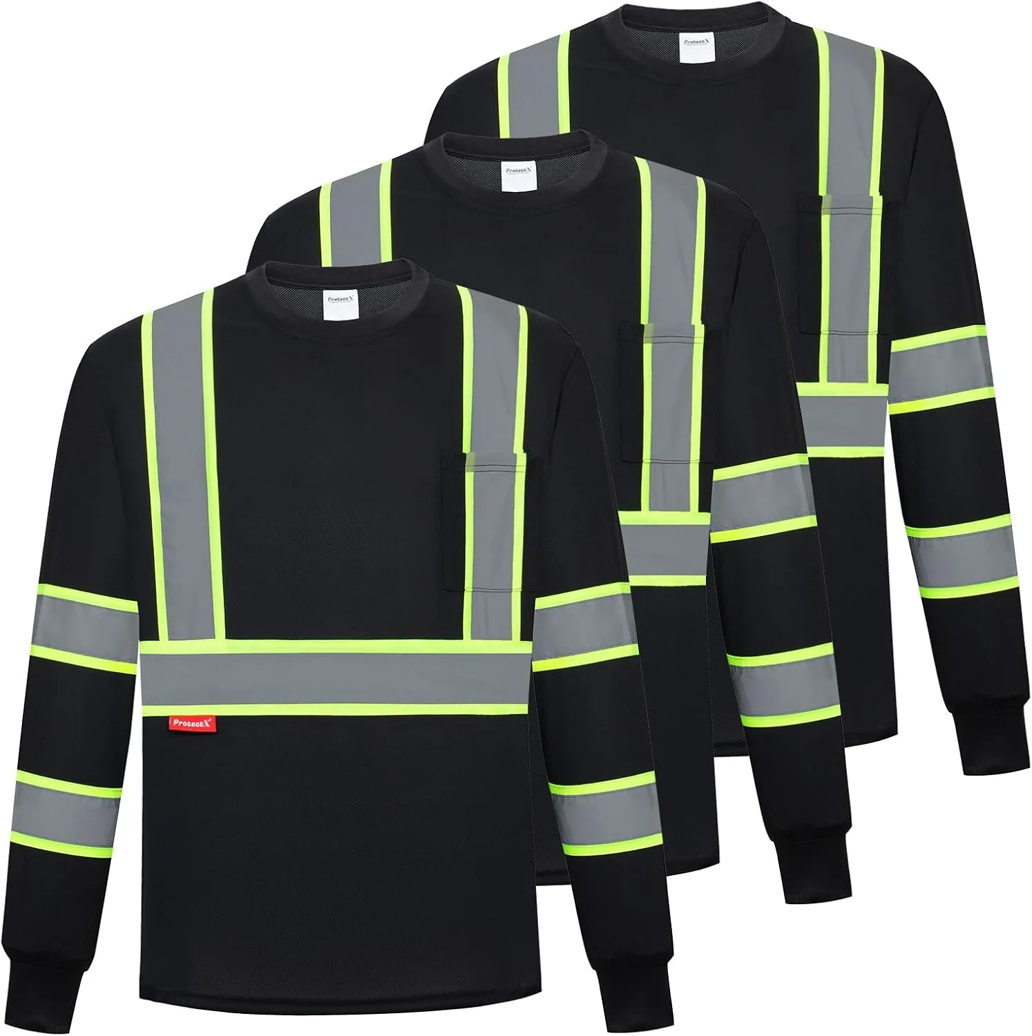 ProtectX Men's High Visibility Heavy Duty Long Sleeve Reflective Safety T-Shirts for Construction, Class 2-3 Type R