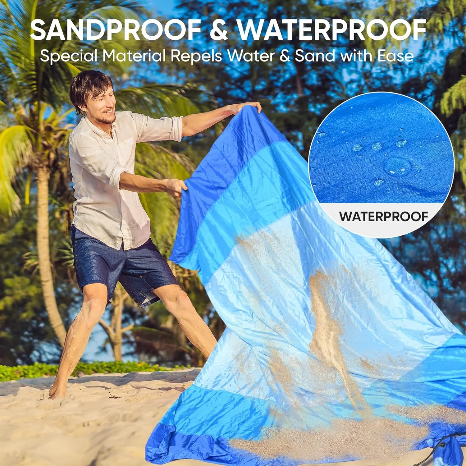 PTEROMY Beach Blanket Waterproof Sandproof, Extra Large Beach Mat with Storage Bag, Quick Drying Lightweight, 6 Stakes, Accessories for Picnic, Travel (9x10 FT, Blue)