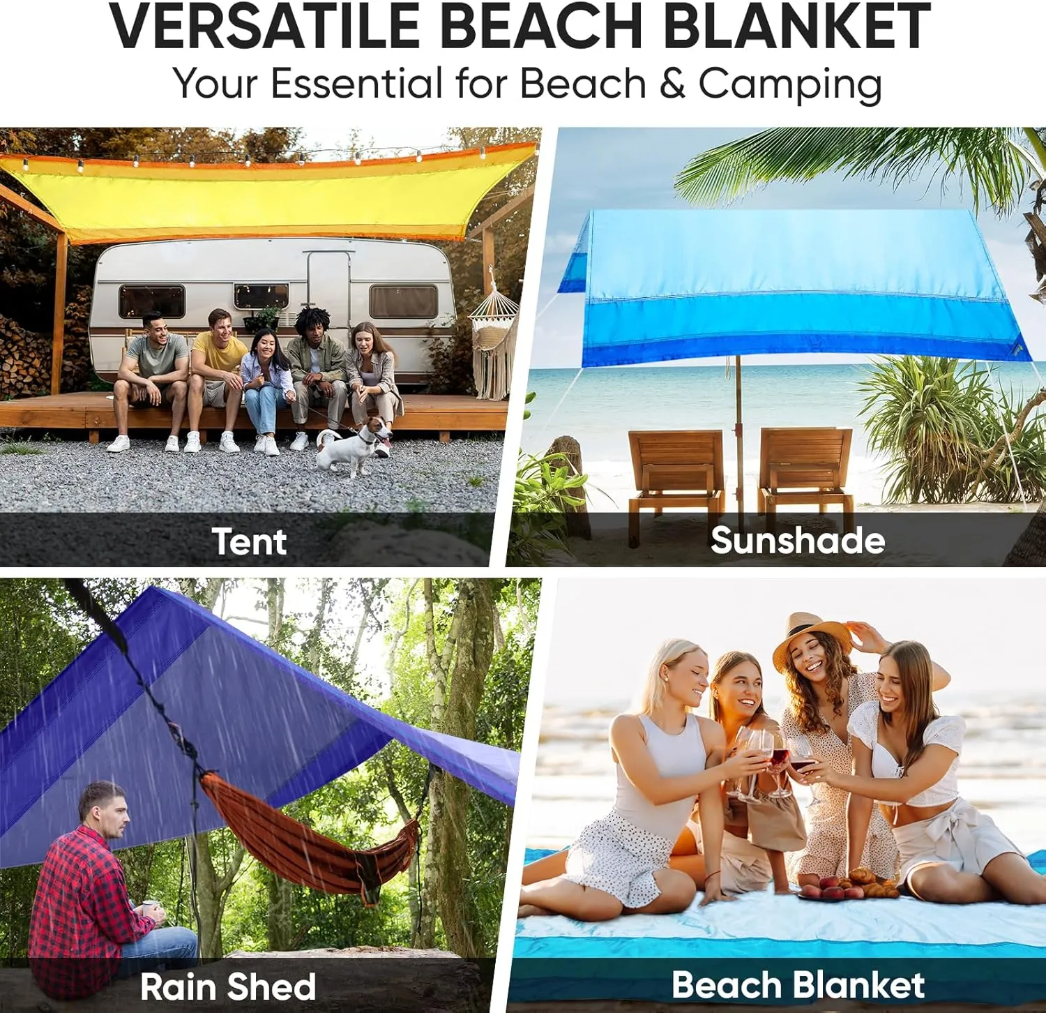 PTEROMY Beach Blanket Waterproof Sandproof, Extra Large Beach Mat with Storage Bag, Quick Drying Lightweight, 6 Stakes, Accessories for Picnic, Travel (9x10 FT, Blue)