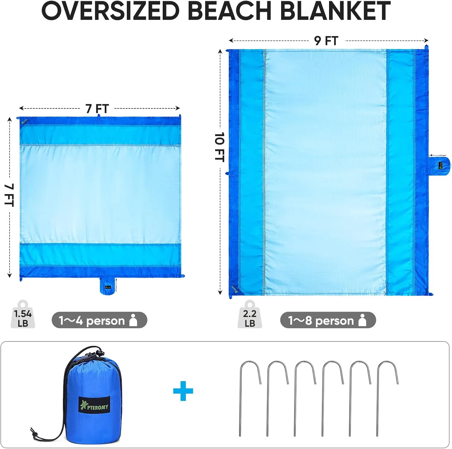 PTEROMY Beach Blanket Waterproof Sandproof, Extra Large Beach Mat with Storage Bag, Quick Drying Lightweight, 6 Stakes, Accessories for Picnic, Travel (9x10 FT, Blue)