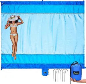 PTEROMY Beach Blanket Waterproof Sandproof, Extra Large Beach Mat with Storage Bag, Quick Drying Lightweight, 6 Stakes, Accessories for Picnic, Travel (9x10 FT, Blue)