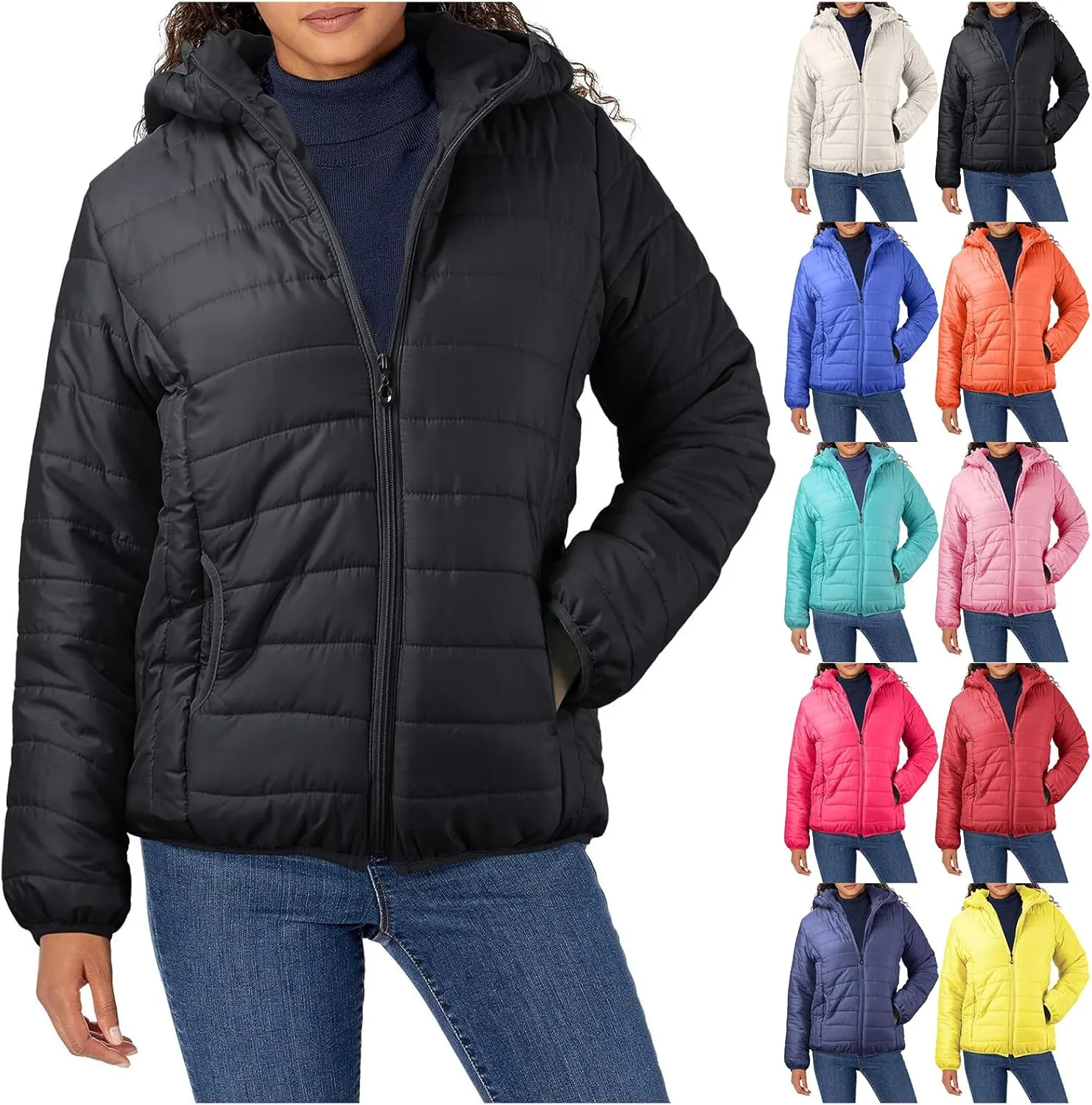 Puffer Jacket Womens Women's Quilted Lightweight Jackets Travel Full Zip Long Sleeve Puffy Coat with Hood Fall Casual