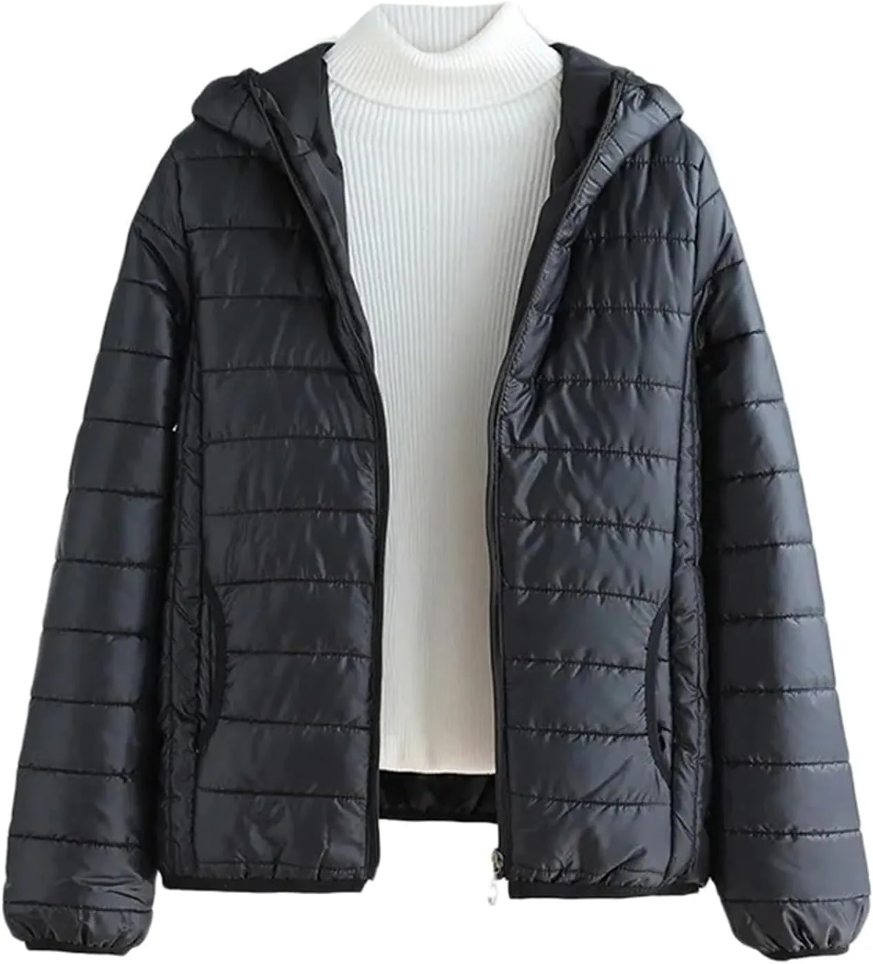 Puffer Jacket Womens Women's Quilted Lightweight Jackets Travel Full Zip Long Sleeve Puffy Coat with Hood Fall Casual