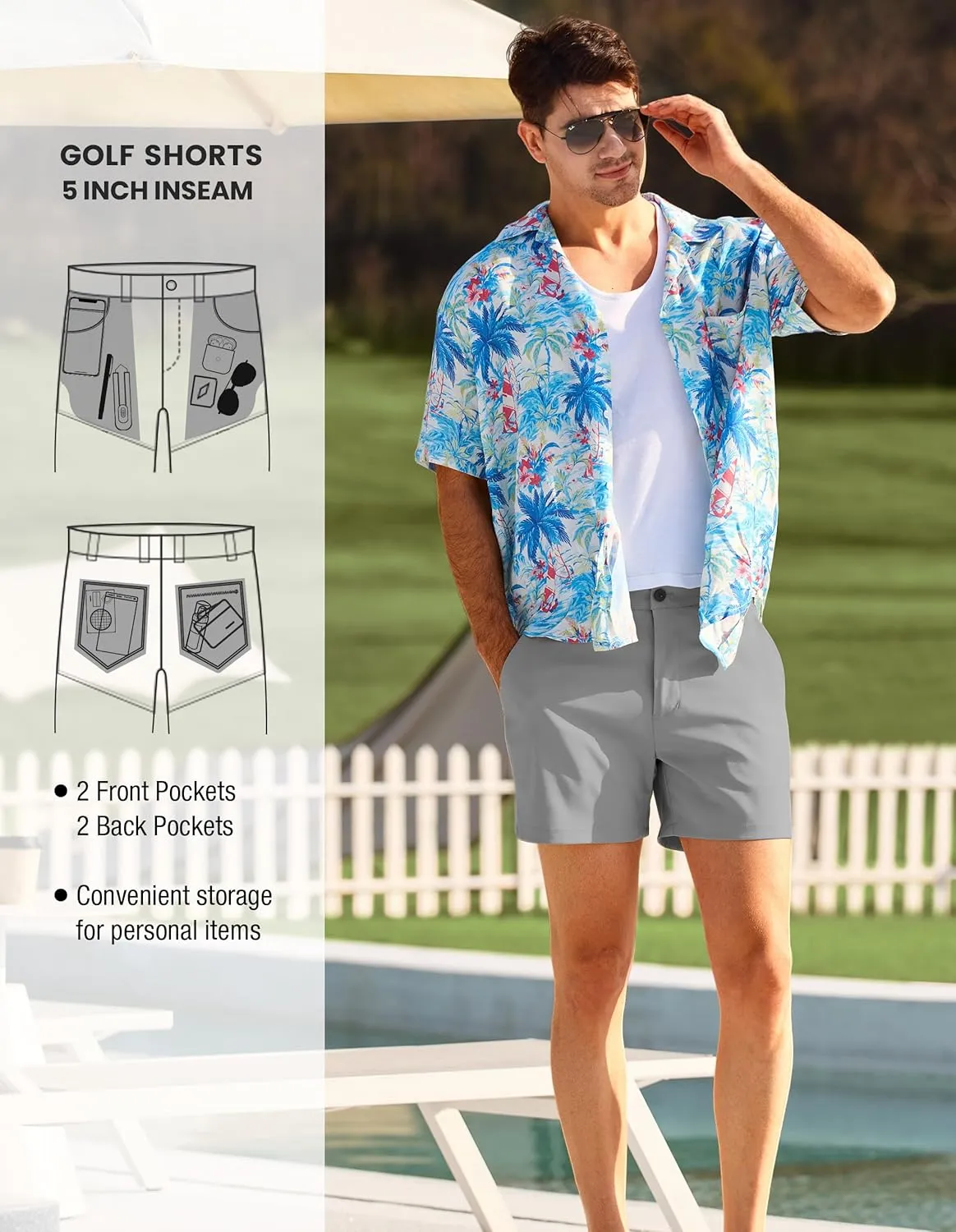 PULI Golf Shorts Men 5 Inch Inseam Stretch Casual Dress Shorts with Pockets Waterproof Lightweight Quick Dry