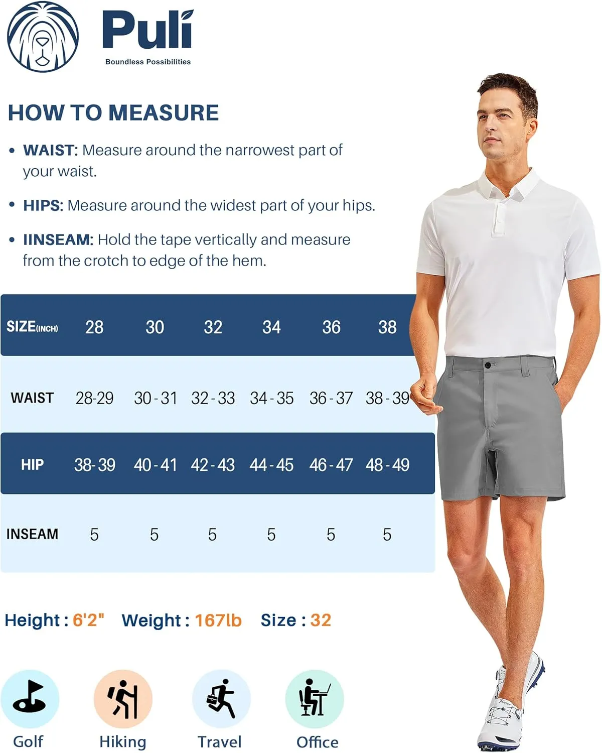 PULI Golf Shorts Men 5 Inch Inseam Stretch Casual Dress Shorts with Pockets Waterproof Lightweight Quick Dry