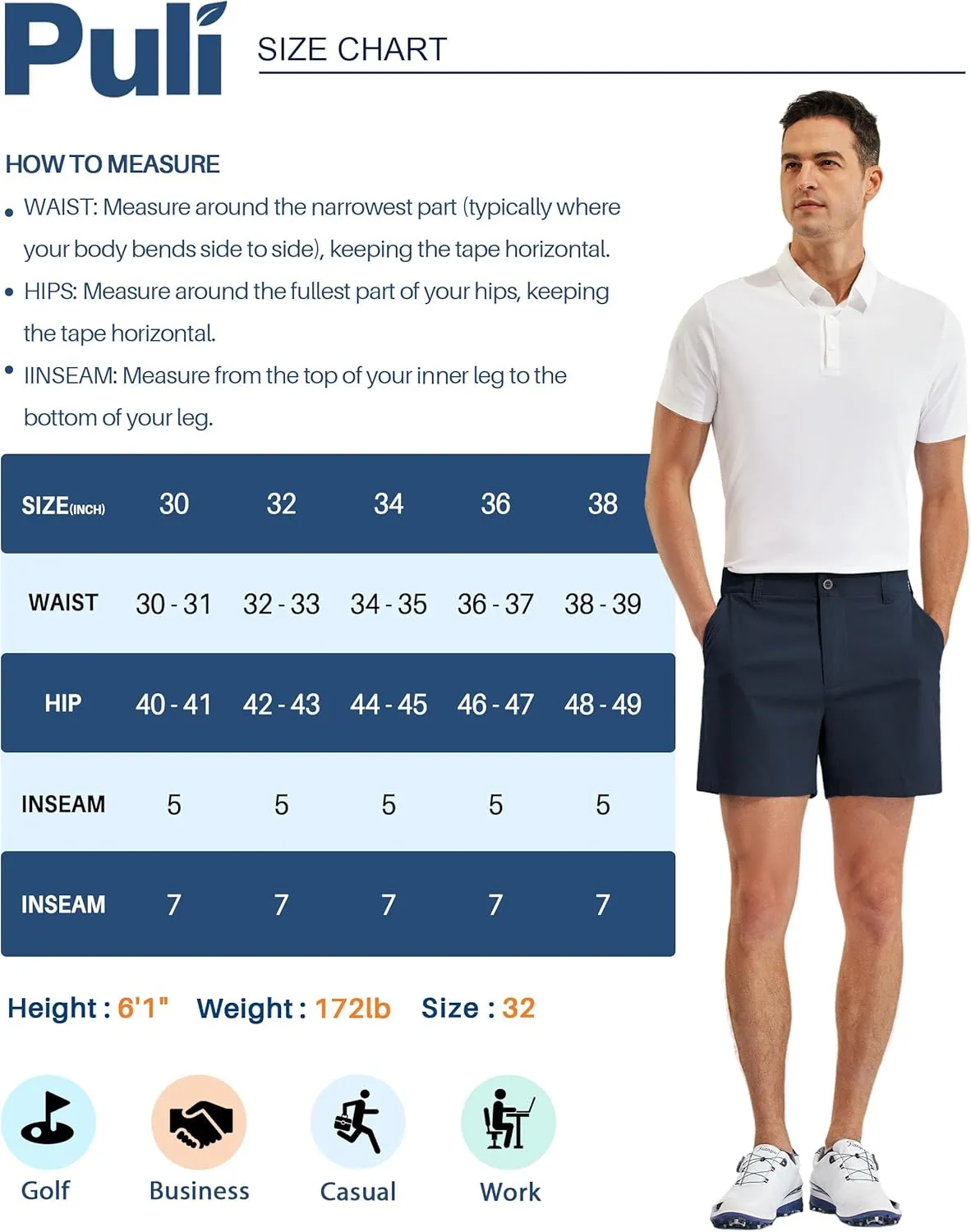 PULI Golf Shorts Men Relaxed Fit Stretch Dress Lightweight Casual Waterproof Travel Quick Dry Summer Shorts 5 Inch Inseam