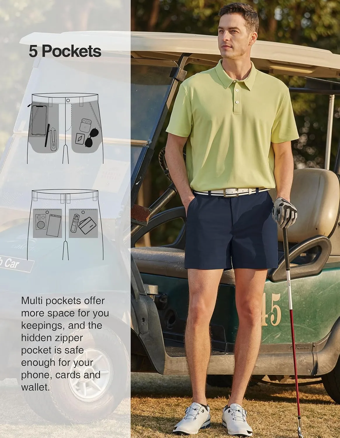 PULI Golf Shorts Men Relaxed Fit Stretch Dress Lightweight Casual Waterproof Travel Quick Dry Summer Shorts 5 Inch Inseam