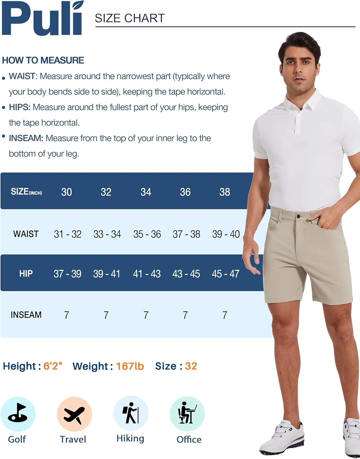 PULI Golf Shorts Men Stretch Dress Lightweight Travel Relax Fit Casual Waterproof Quick Dry Summer Shorts 7 Inch Inseam