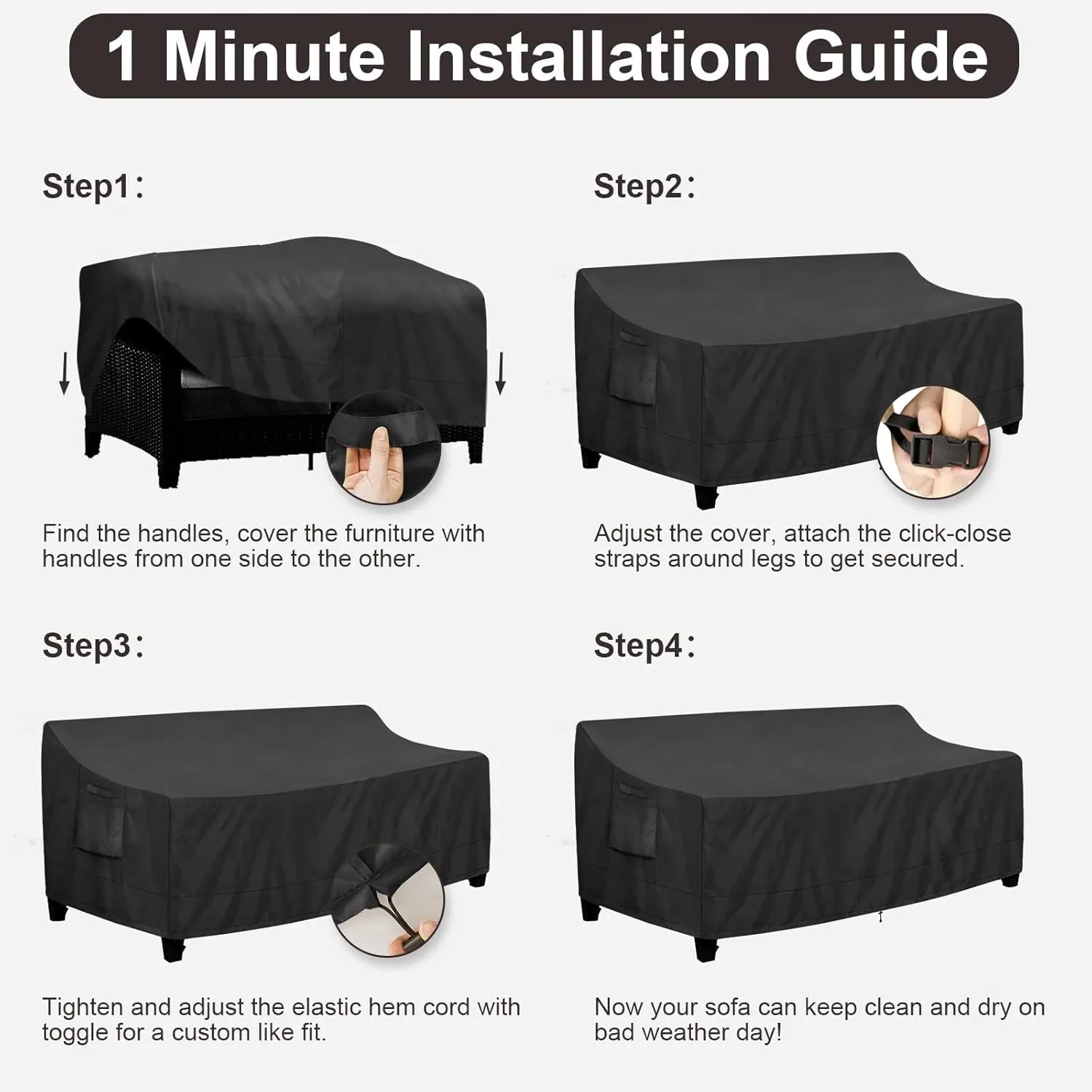 PureFit Outdoor Couch Cover Waterproof Patio Sofa Furniture Covers, 4-Seater Outdoor Cover with Air Vent and Handles, 104W x 40D x 35H Inches, Black