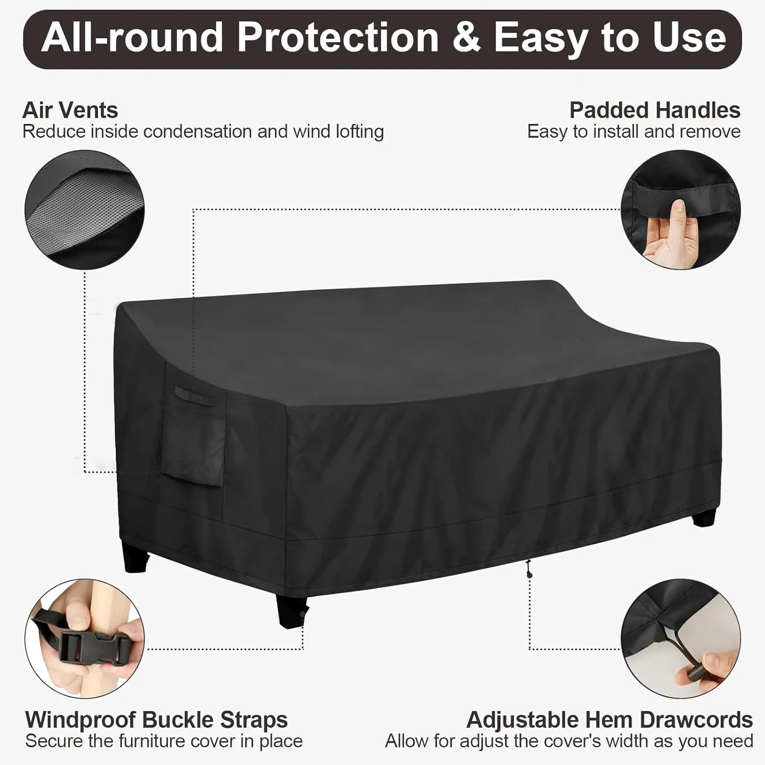 PureFit Outdoor Couch Cover Waterproof Patio Sofa Furniture Covers, 4-Seater Outdoor Cover with Air Vent and Handles, 104W x 40D x 35H Inches, Black