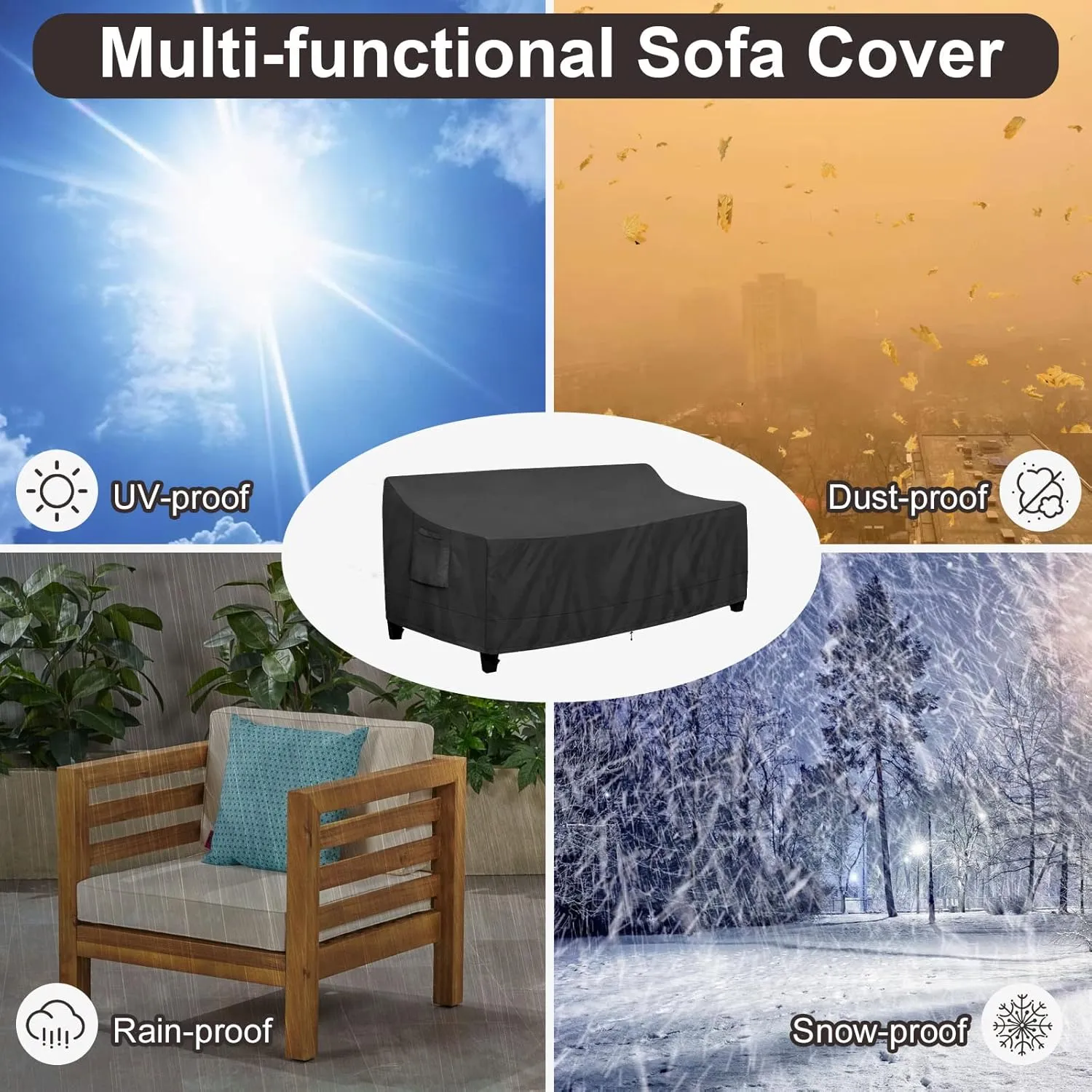 PureFit Outdoor Couch Cover Waterproof Patio Sofa Furniture Covers, 4-Seater Outdoor Cover with Air Vent and Handles, 104W x 40D x 35H Inches, Black