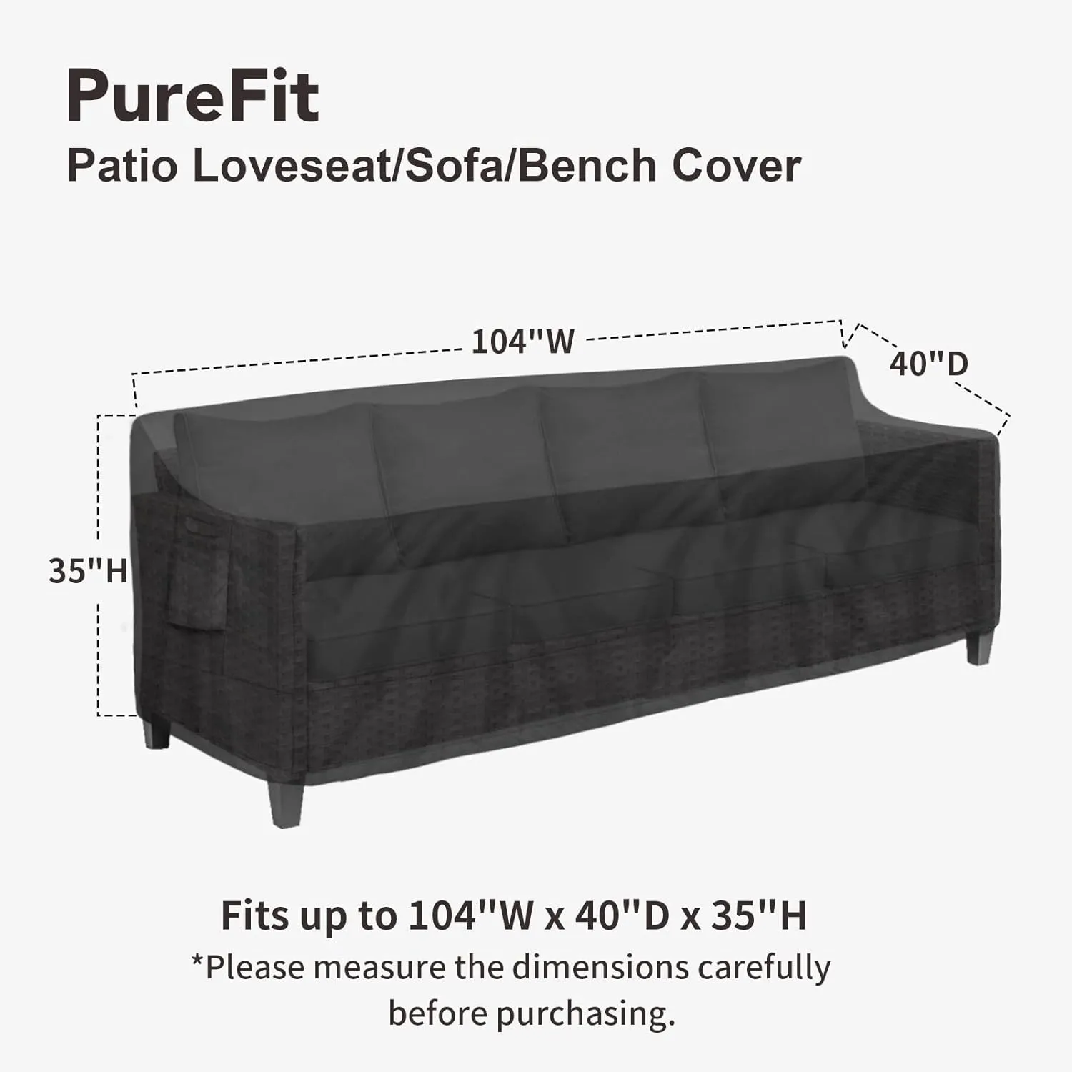 PureFit Outdoor Couch Cover Waterproof Patio Sofa Furniture Covers, 4-Seater Outdoor Cover with Air Vent and Handles, 104W x 40D x 35H Inches, Black