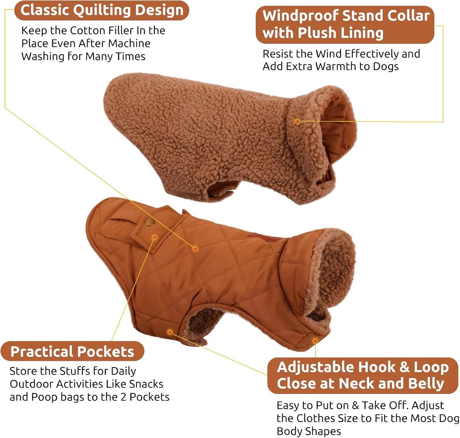 Queenmore Warm Dog Coat, Cold Weather Puffer Dog Coat, Quilting Winter Dog Jacket Ultra Thick Plush Lining with Storage Pockets (Brown, X-Small)