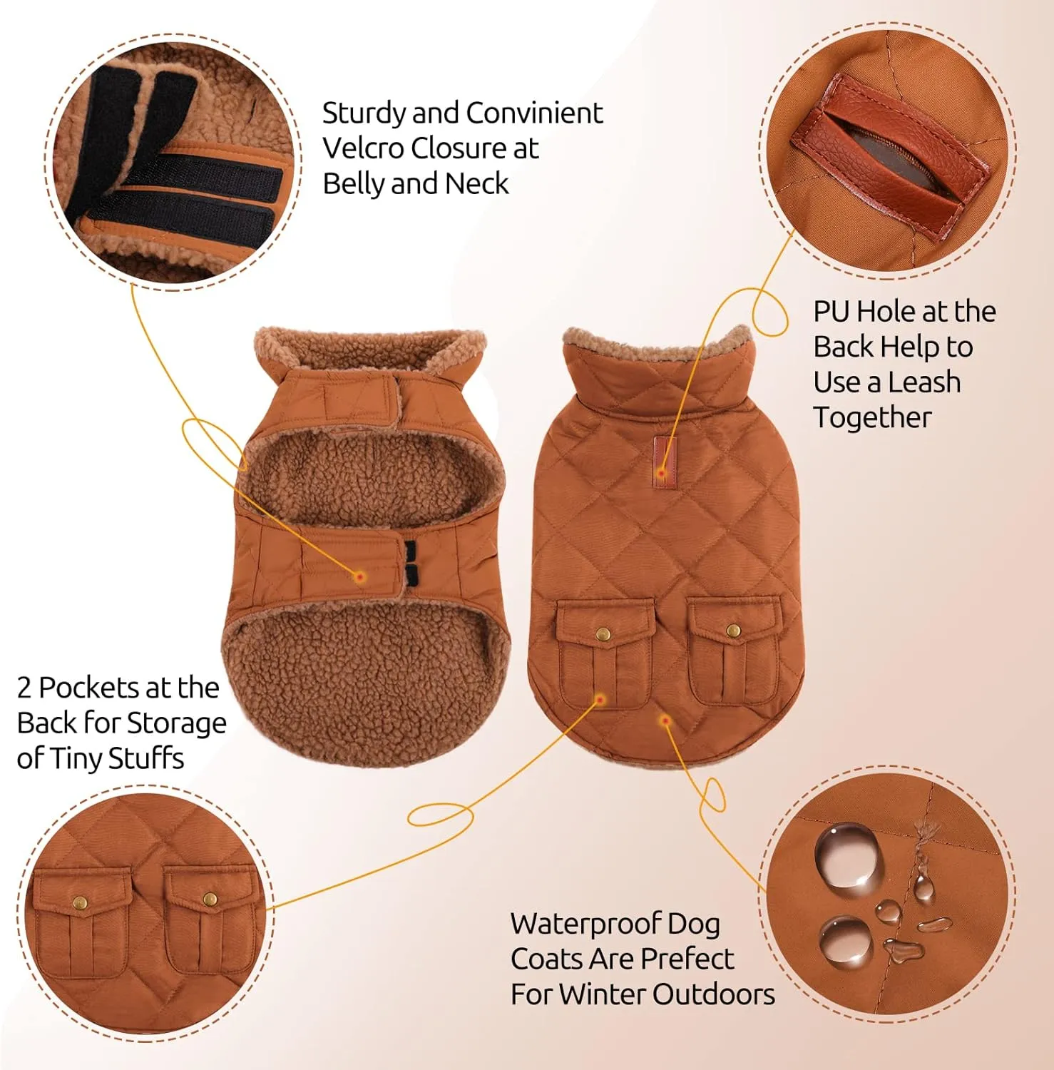Queenmore Warm Dog Coat, Cold Weather Puffer Dog Coat, Quilting Winter Dog Jacket Ultra Thick Plush Lining with Storage Pockets (Brown, X-Small)