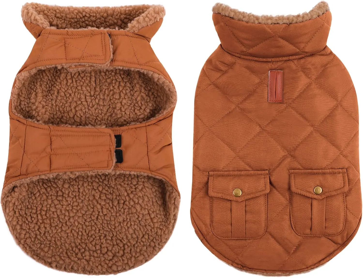 Queenmore Warm Dog Coat, Cold Weather Puffer Dog Coat, Quilting Winter Dog Jacket Ultra Thick Plush Lining with Storage Pockets (Brown, X-Small)