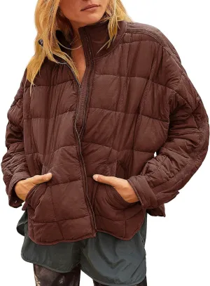 Quilted Puffer Jacket Women Lightweight Short Zip Up Padded Coat with Pockets
