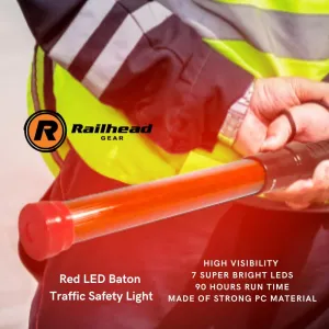 Railhead Gear Red LED Baton Traffic Safety Light, High Visibility 7 Super Bright LED's, 90 Hours Run Time, Portable Wand Air Traffic Conrtrol Stick w/Black Handle, KE-SLB23