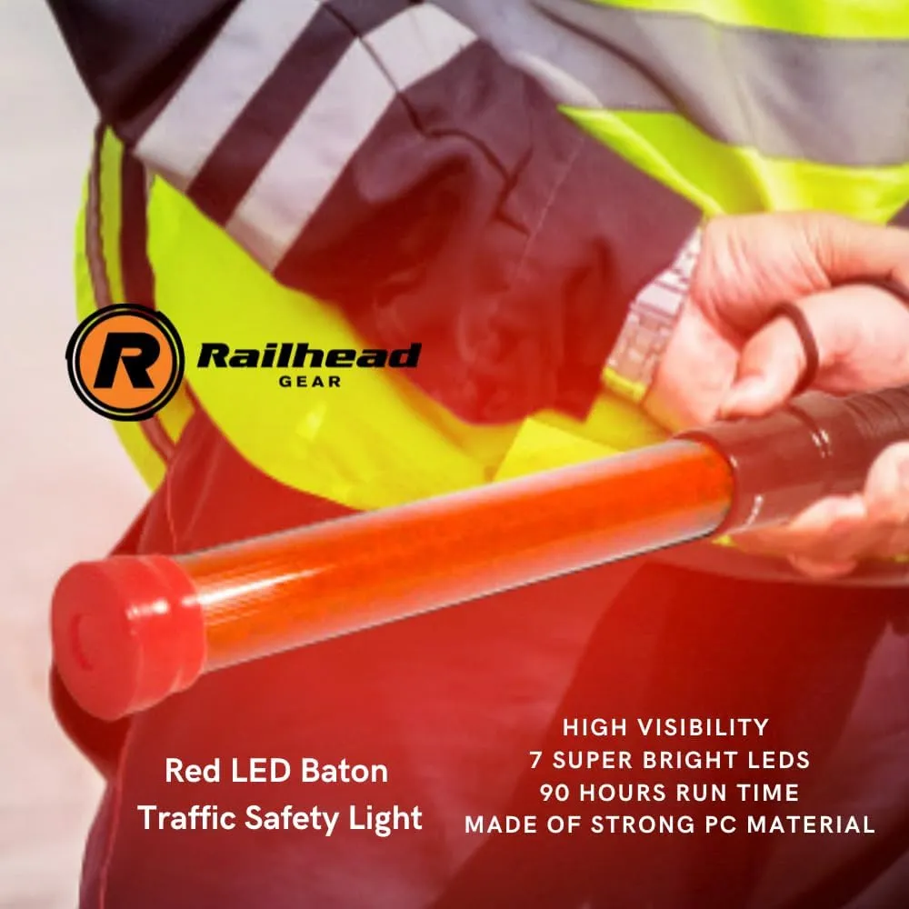 Railhead Gear Red LED Baton Traffic Safety Light, High Visibility 7 Super Bright LED's, 90 Hours Run Time, Portable Wand Air Traffic Conrtrol Stick w/Black Handle, KE-SLB23