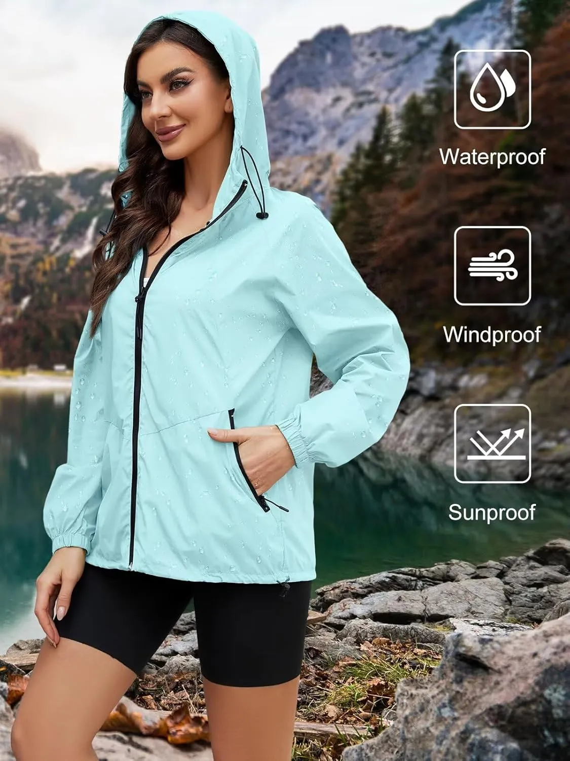 Rain Jacket Women Waterproof Lightweight Jacket With Hood Packable Raincoat With Pocket S-XXL