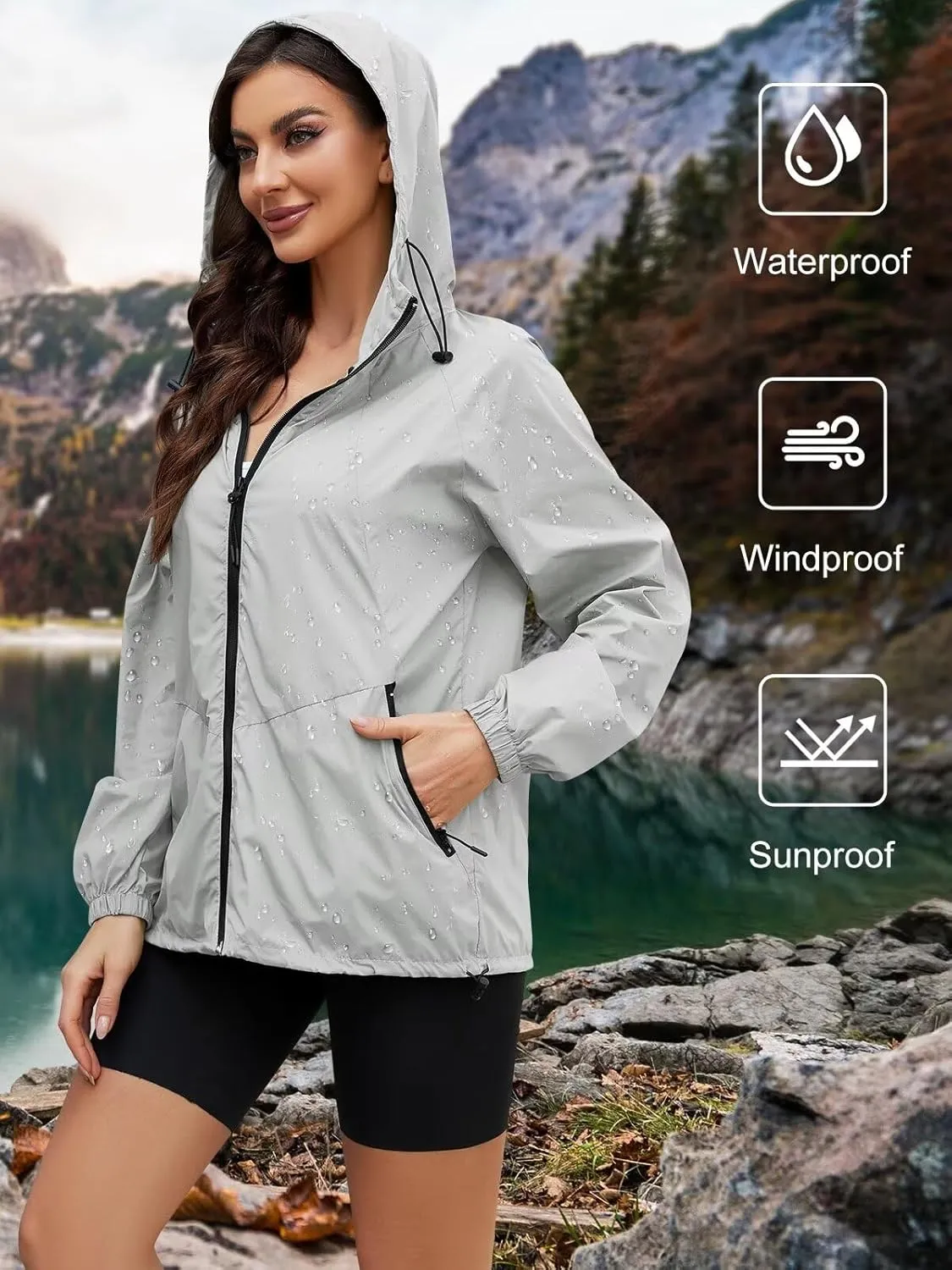 Rain Jacket Women Waterproof Lightweight Jacket With Hood Packable Raincoat With Pocket S-XXL