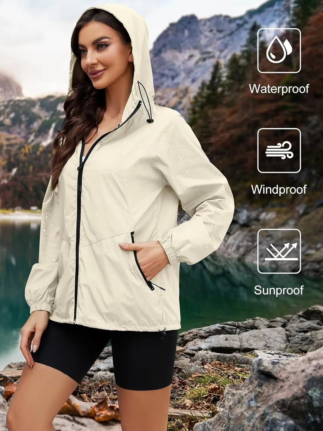 Rain Jacket Women Waterproof Lightweight Jacket With Hood Packable Raincoat With Pocket S-XXL