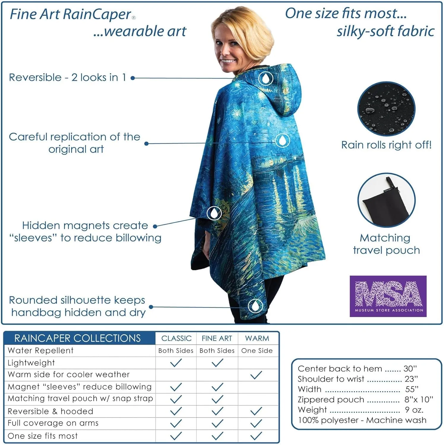RainCaper Womens Rain Cape Poncho Coat Waterproof with Hood Reversible Fine Art