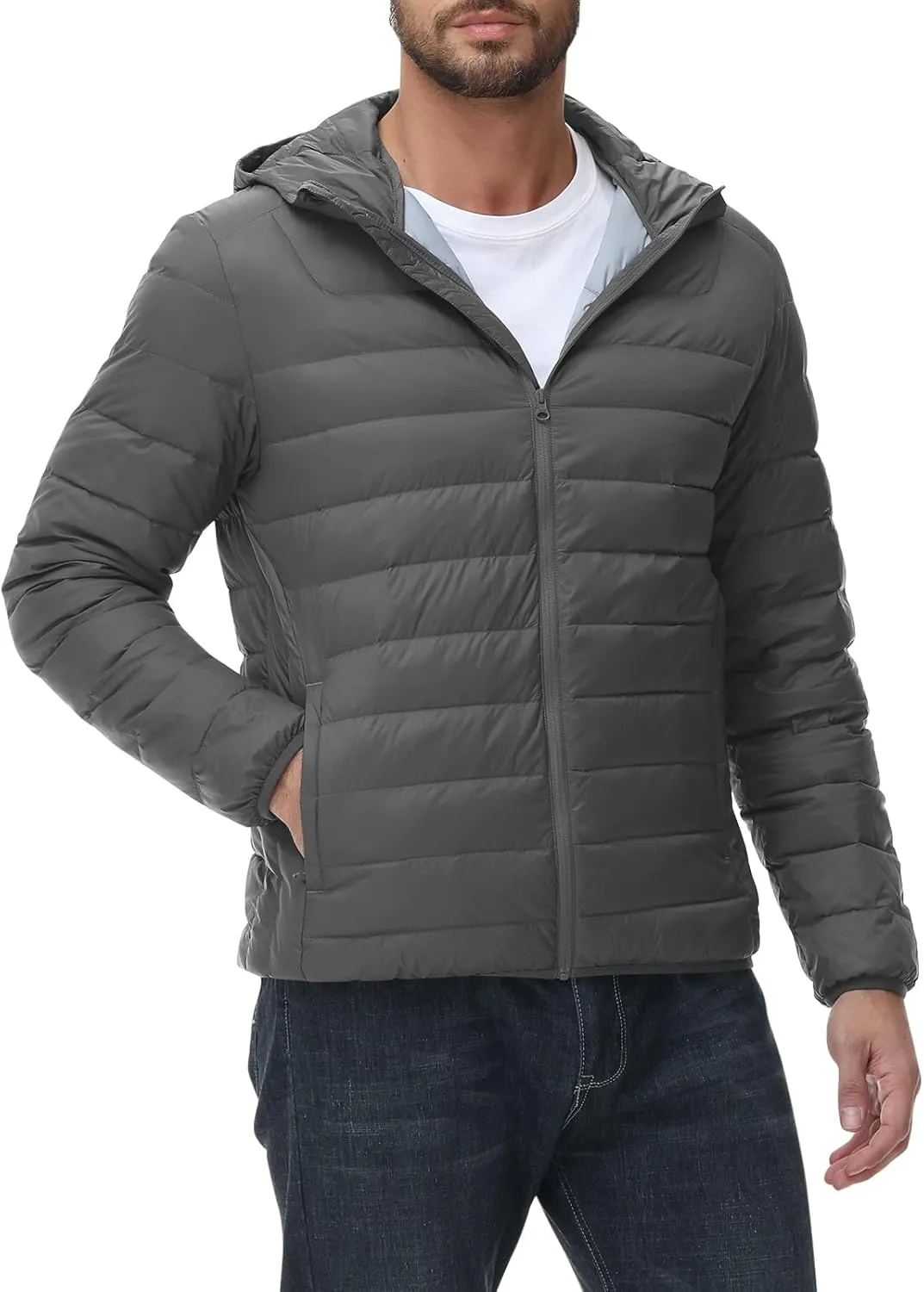 Rdruko Men's Down Puffer Jacket with Hood Packable Lightweight Puffy Hooded Winter Coat Light Thin Insulated Jacket