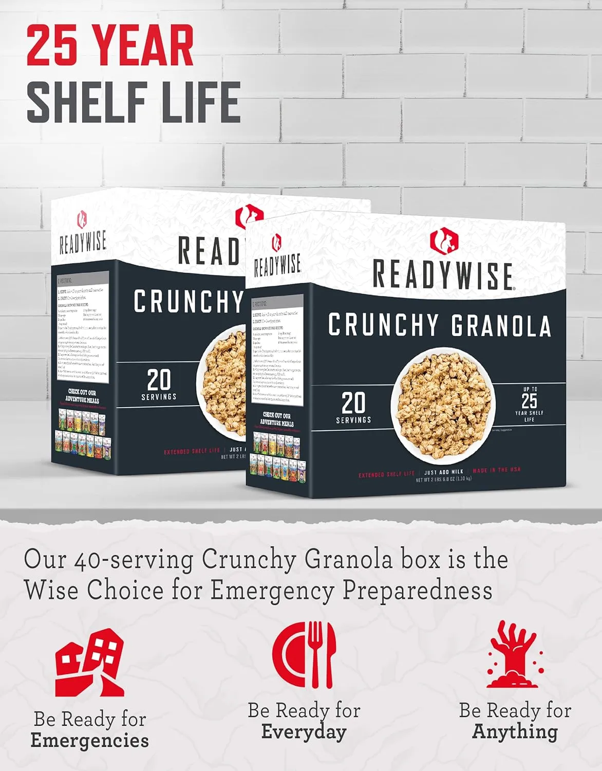 READYWISE - Crunchy Granola, 40 Servings, 2 Box Kit, Freeze Dried Food, MRE, Emergency Kit, for Hiking, Camping Essentials, Hurricane Preparedness Items, & Food Storage, 25-Year Shelf Life