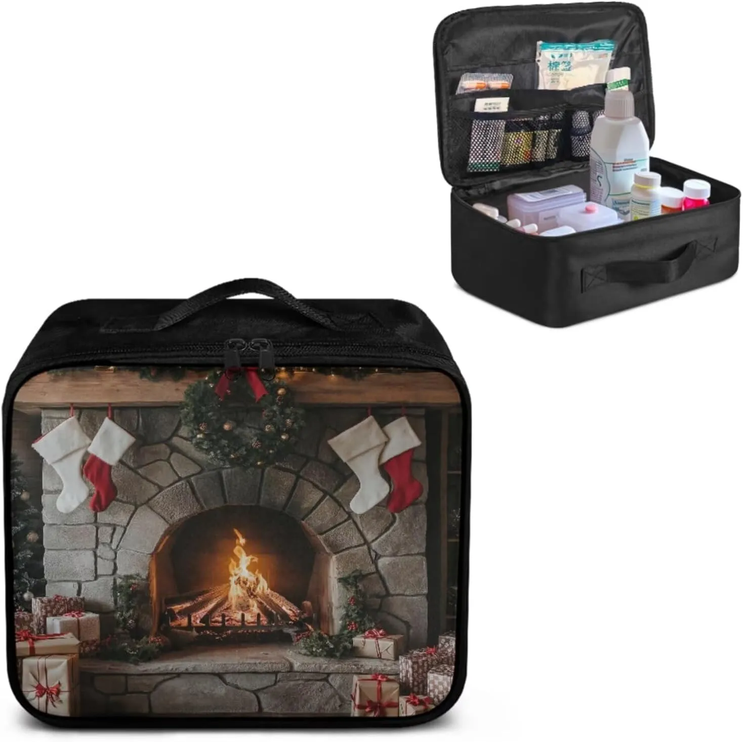 Realistic Fireplace Print Medicine Storage Bag Empty-Emergency Trauma Kit-Meds Organizer-Family First Aid Kit,Ideal for Home-Travel-Dorm-Workplace-Car-Camping,No Accessories Included