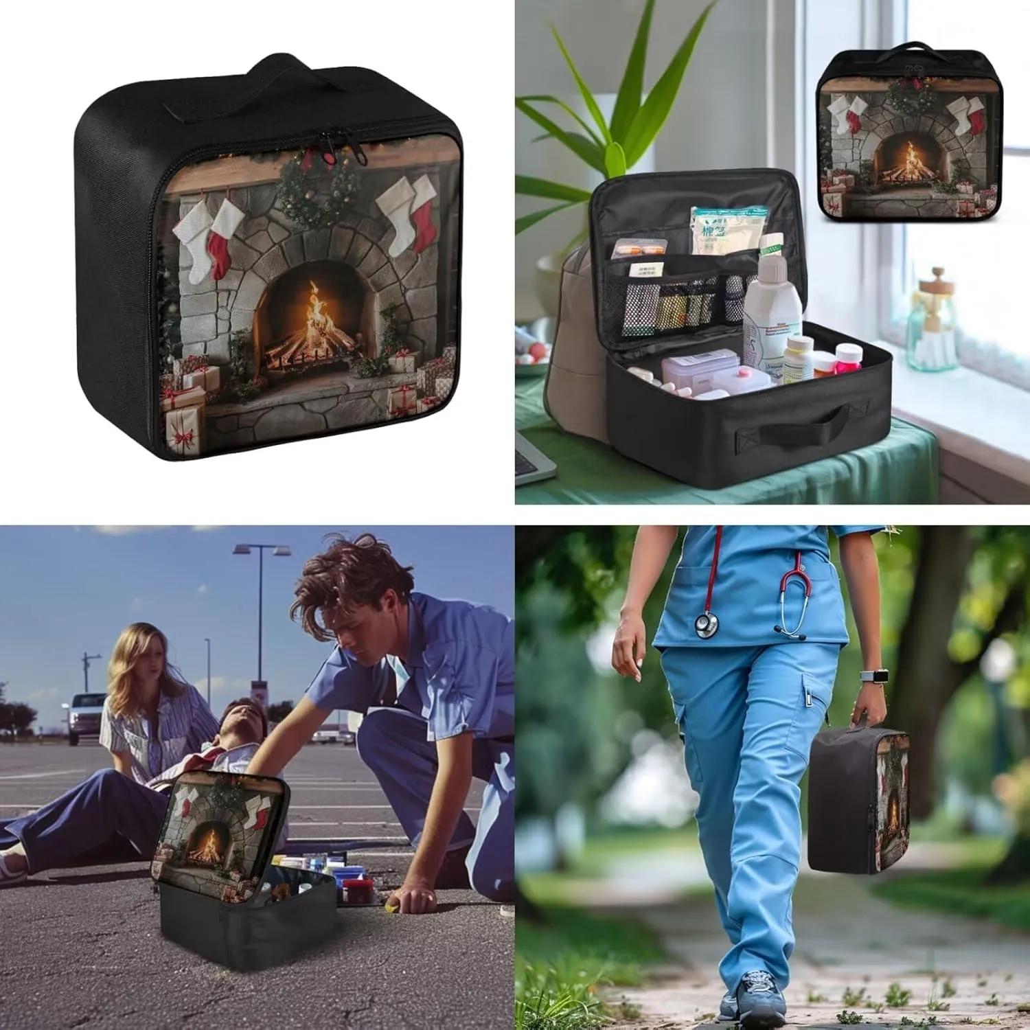 Realistic Fireplace Print Medicine Storage Bag Empty-Emergency Trauma Kit-Meds Organizer-Family First Aid Kit,Ideal for Home-Travel-Dorm-Workplace-Car-Camping,No Accessories Included
