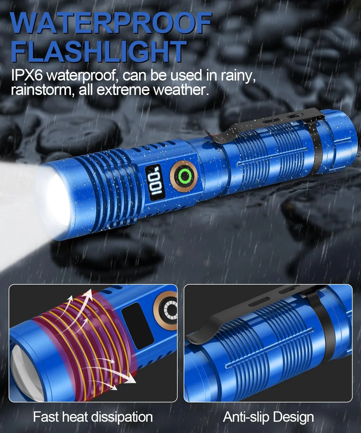 Rechargeable Flashlight High Lumens- Super Bright Magnetic Flash Light with Power Digital Display, Long Range,Dimmable,Waterproof,Pocket Tactical LED Flashlights for Emergency, Blue, 1PC